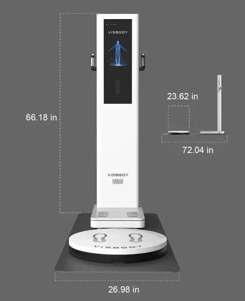 Afmetingen en toestelopstelling van de Visbody S30 bodyscanner